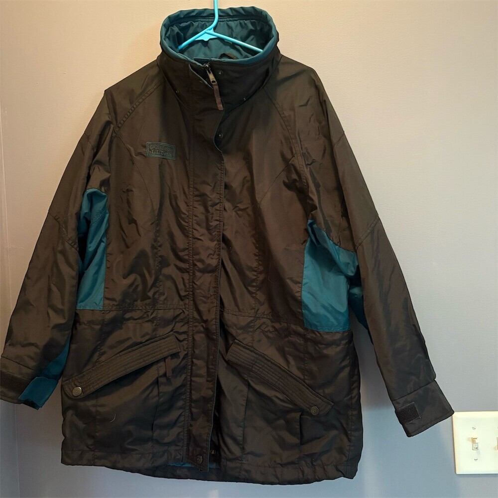 LL Bean Columbia Womens Parka Jacket Black Green Teal Accents Size M